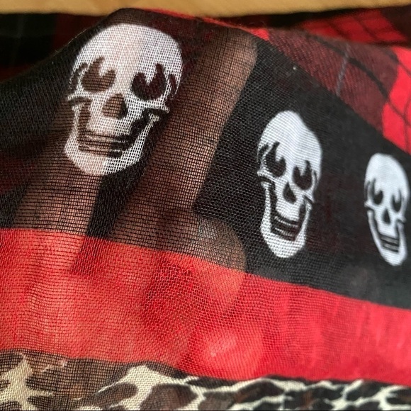 Skulls Red Black Plaid Animal Print Scarf OS - Picture 3 of 8